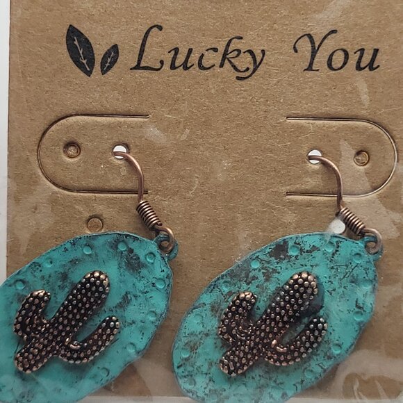 Southwestern Cactus on Blue Patina Brushed Oval Earring New in Package Lucky You - Picture 7 of 9